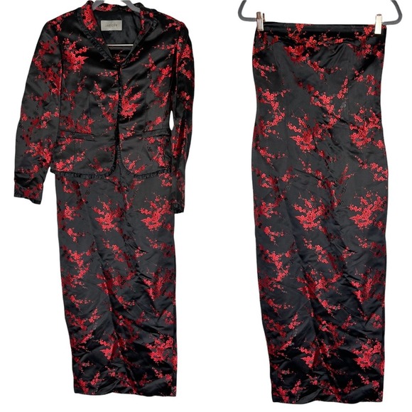 Dresses & Skirts - Jaeger Red Cherry Blossom Brocade Embroidered Strapless Dress with Blazer Jacket